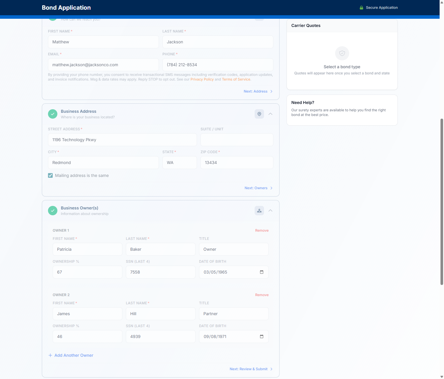 Bond application form showing phone number field with SMS consent disclosure